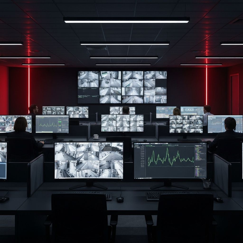 Modern IT operations center with security monitoring screens